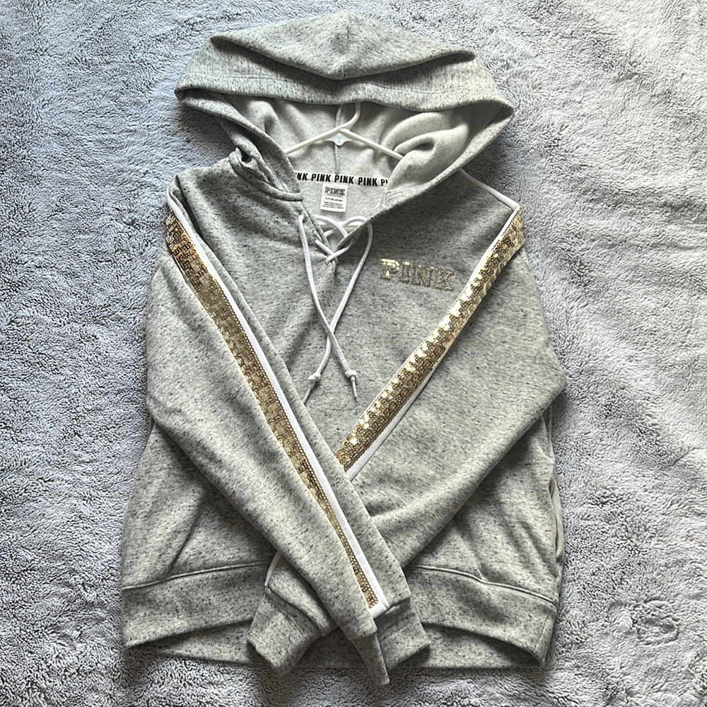 PINK gray hoodie with sequin sleeves and decal on the back, including pockets!